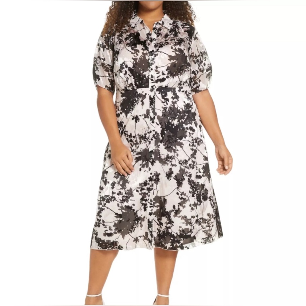 NEW Maree Pour Toi Midi Shirt Dress 16 Pink Black  Floral Burnout Short Sleeve